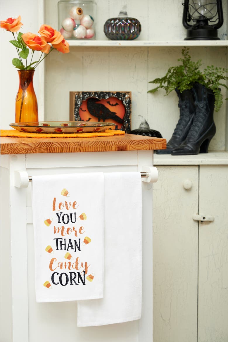Love You More Than Candy Corn Cotton Embroidered Halloween Flour Sack Kitchen Towel, Alternate, color, Orange