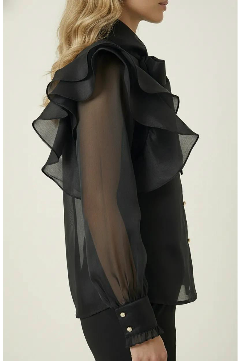 Ruffle Oversized Bow Tie Button-Front Blouse, Alternate, color, Black