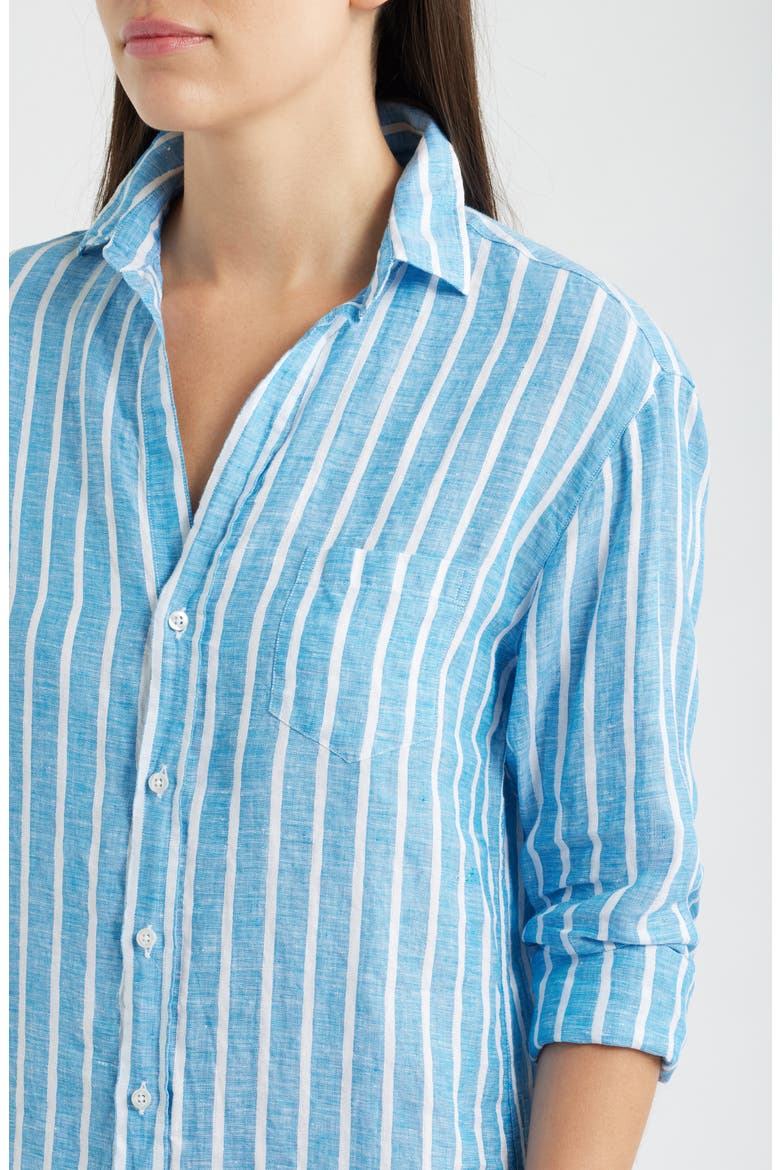 Mary Stripe Classic Long Sleeve Linen Shirtdress, Alternate, color, TURQUOISE WHITE STRIPE