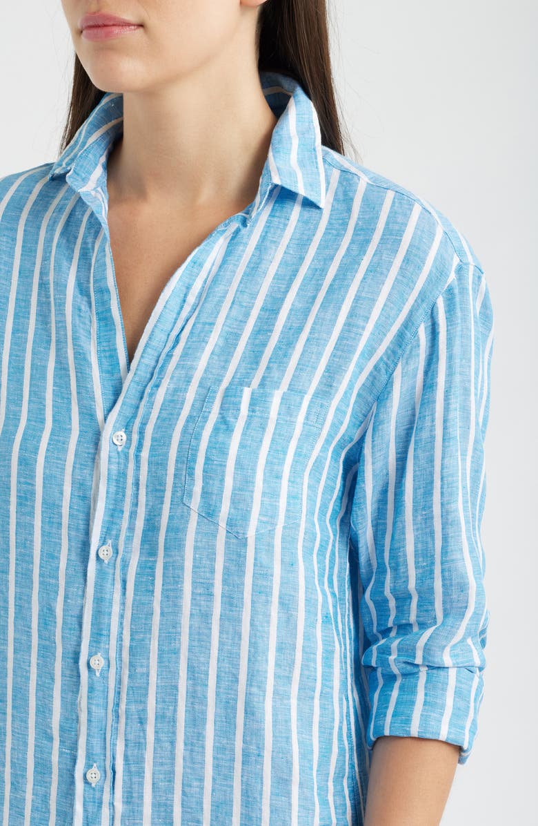 Frank & Eileen Mary Stripe Classic Long Sleeve Linen Shirtdress, Alternate, color, Turquoise White Stripe