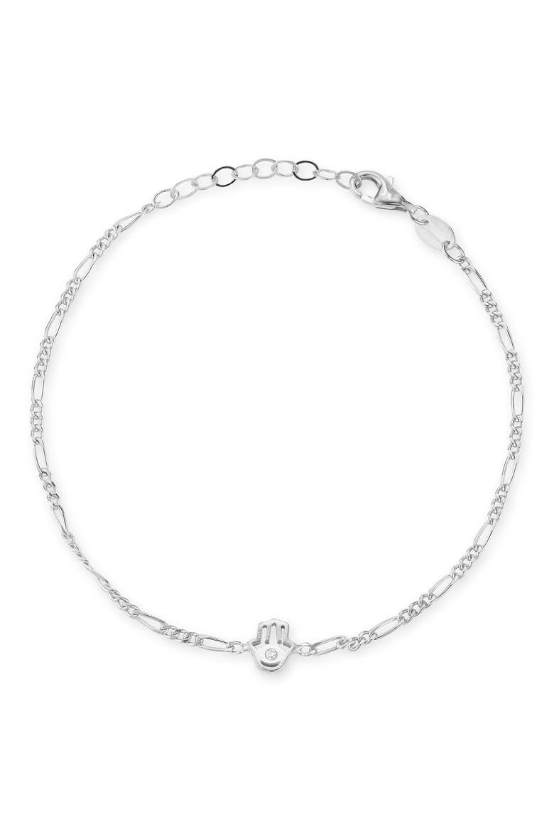 Hamsa Cubic Zirconia Figaro Link Bracelet, Main, color, SILVER