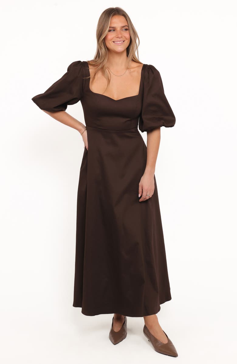 Petal & Pup Merlena Puff Sleeve Stretch Cotton Maxi Dress, Alternate, color, Chocolate