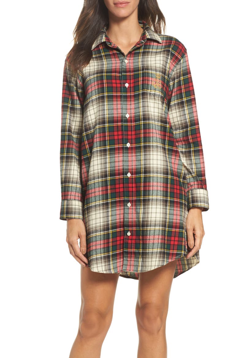 Flannel Sleep Shirt, Main, color, IVORY PLAID