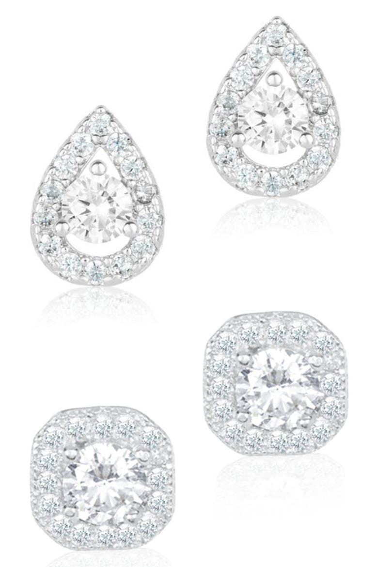 Set of 2 Halo Cubic Zirconia Stud Earrings, Main, color, SILVER