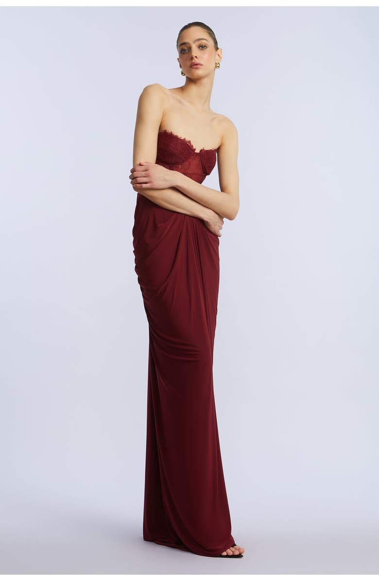 BCBGMAXAZRIA Lace & Jersey Gown, Alternate, color, Cabernet