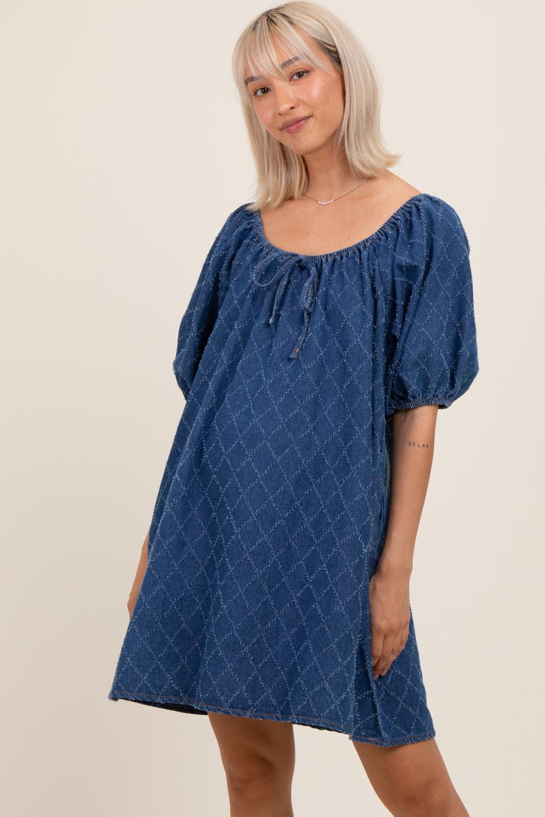 Chambray Jacquard Puff Sleeve Mini Dress, Alternate, color, Navy Blue