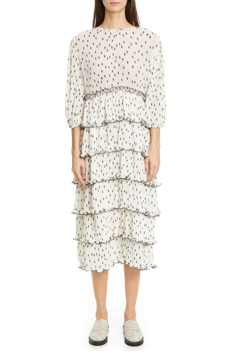 Polka Dot Tiered Long Sleeve Plissè Midi Dress, Main, color, EGRET