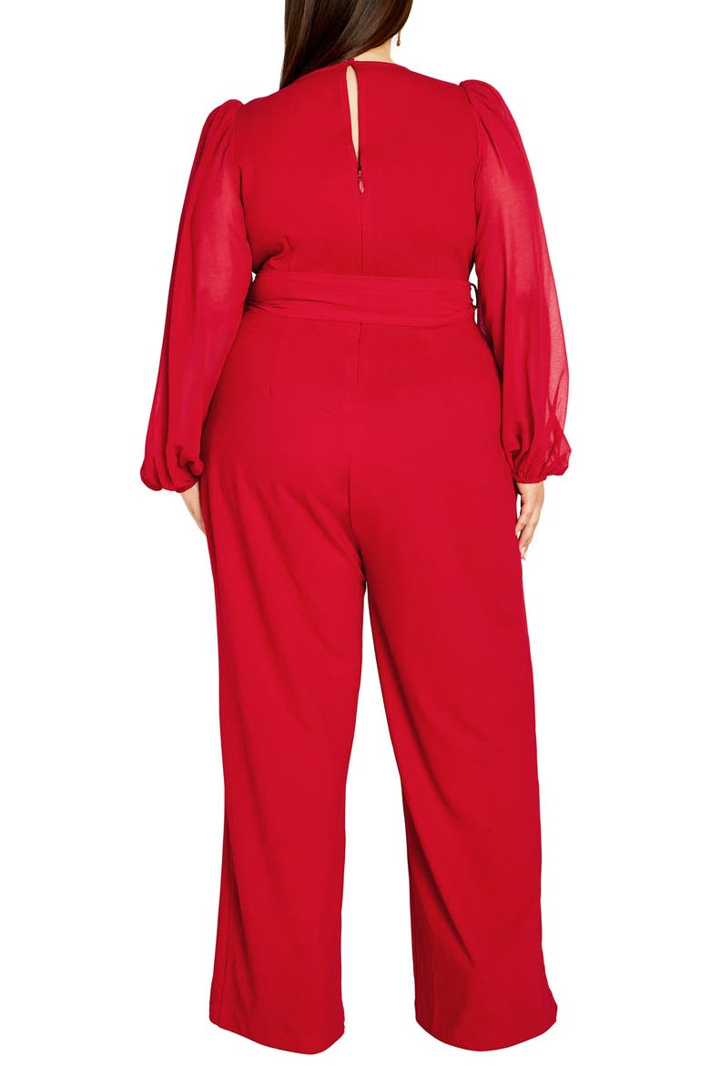Belted Sheer Long Sleeve Jumpsuit, Alternate, color, CHERRY