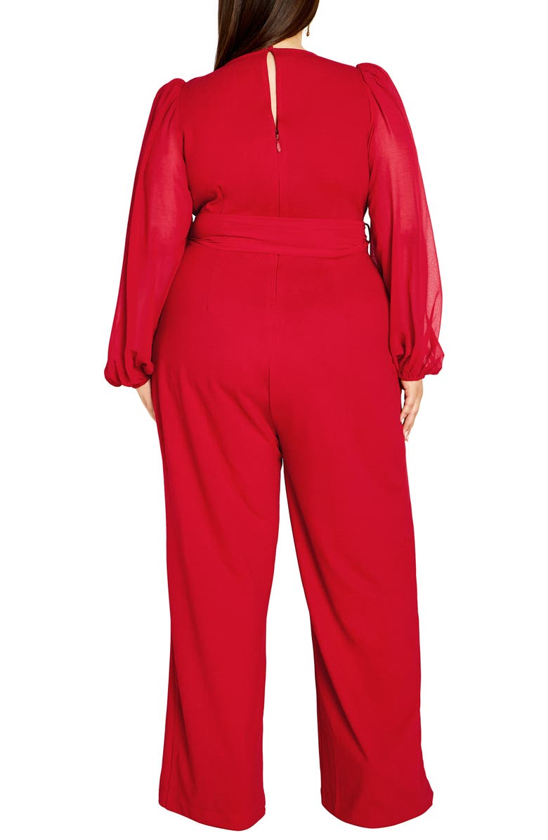City Chic Belted Sheer Long Sleeve Jumpsuit, Alternate, color, Cherry