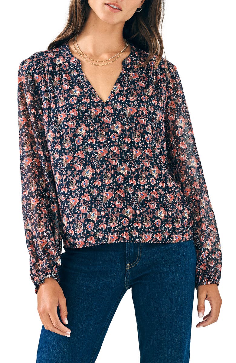 Faherty Sage Wood Floral Silk Blend Top, Main, color, 