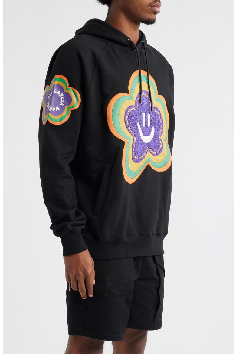 Flower Patch Cotton French Terry Hoodie, Alternate, color, BLACK