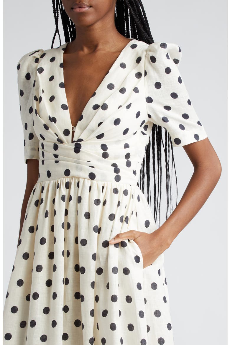 Polka Dot Pleated Linen Midi Dress, Alternate, color, CREAM/ BLACK DOT