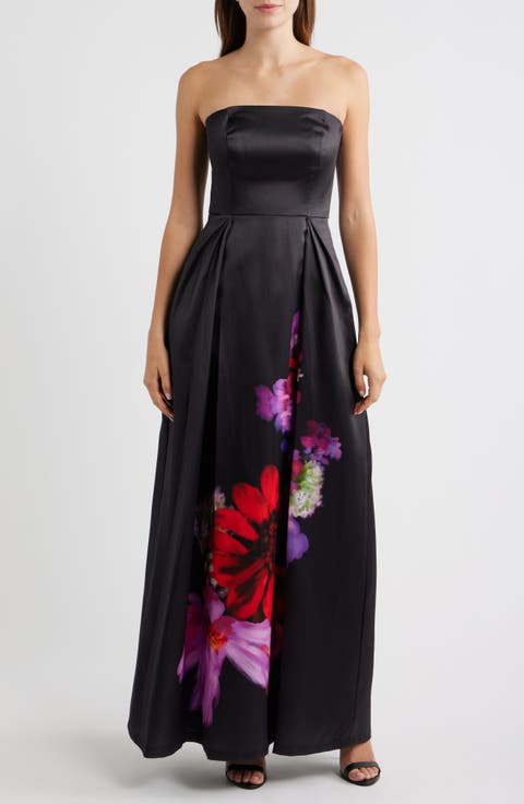Placed Floral Strapless Satin Ballgown