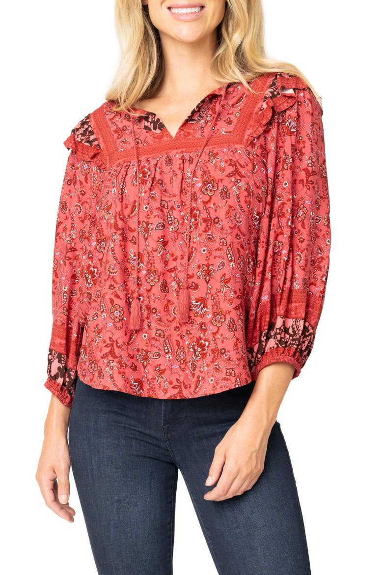 Harvest Moon Border Print Tie Neck Top, Main, color, BURGUNDY SPICE BORDER PRINT