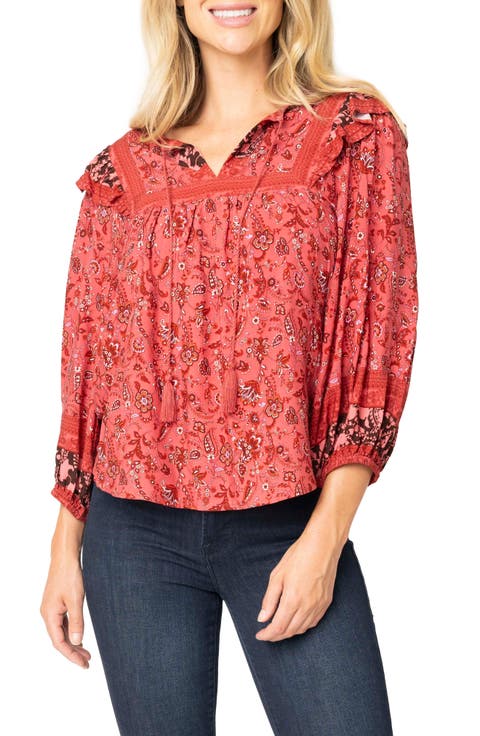 Harvest Moon Border Print Tie Neck Top