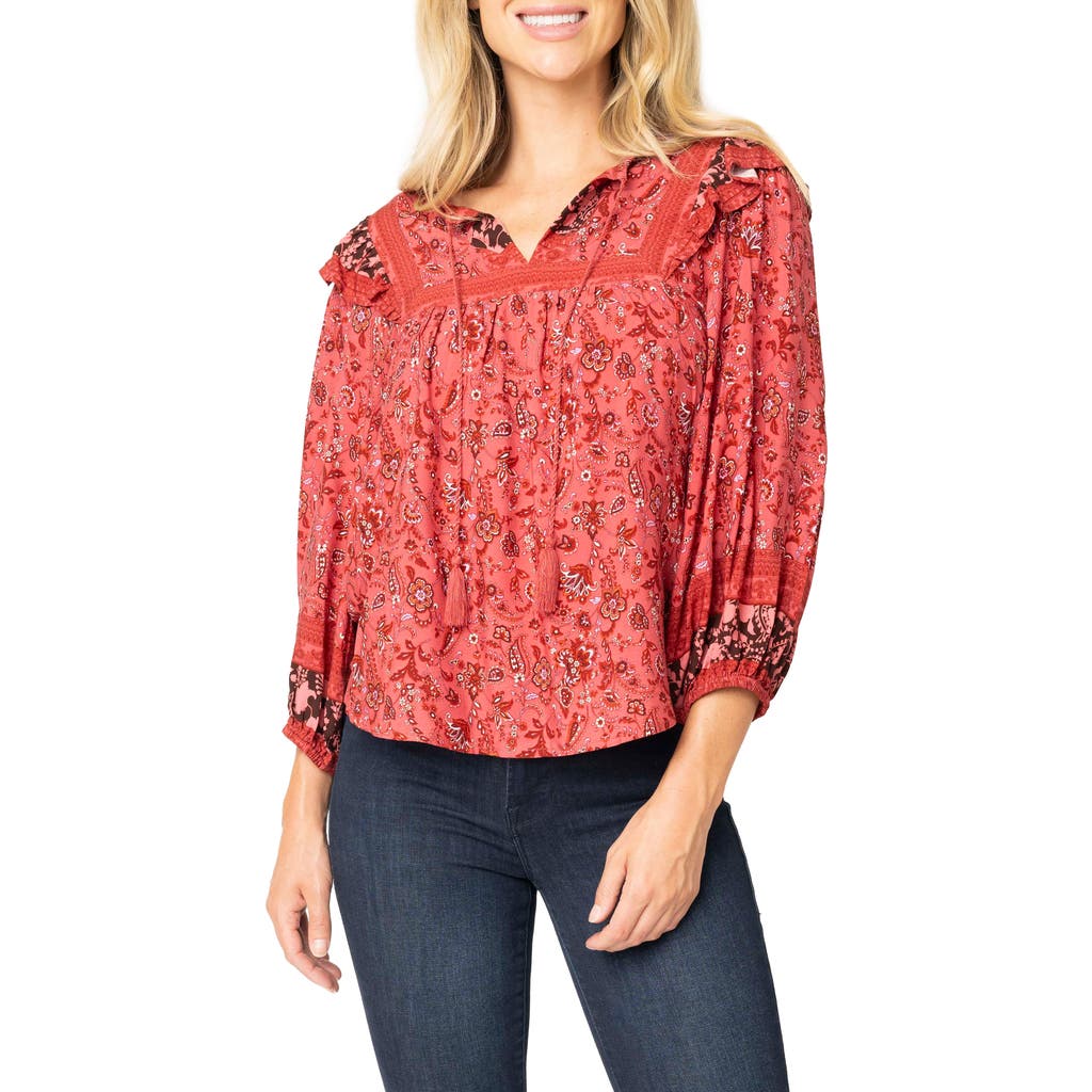Gibsonlook Harvest Moon Border Print Tie Neck Top