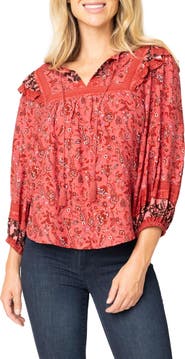 GIBSONLOOK Harvest Moon Border Print Tie Neck Top