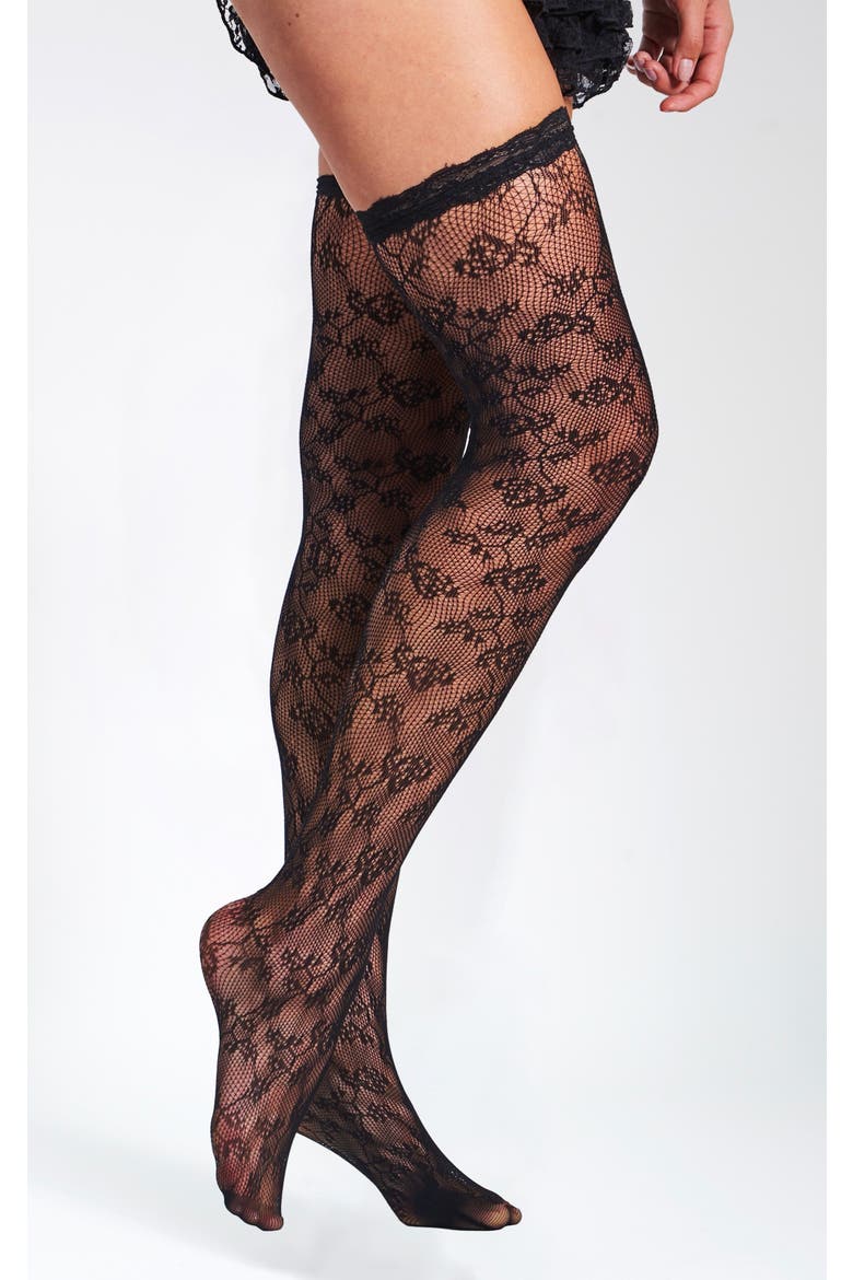 Lace Floral Print Thigh High Stockings, Alternate, color, Black