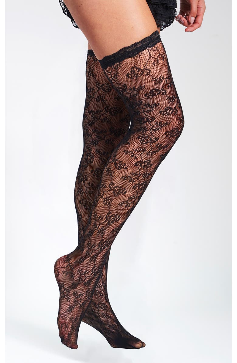Miss Circle Lace Floral Print Thigh High Stockings, Alternate, color, Black