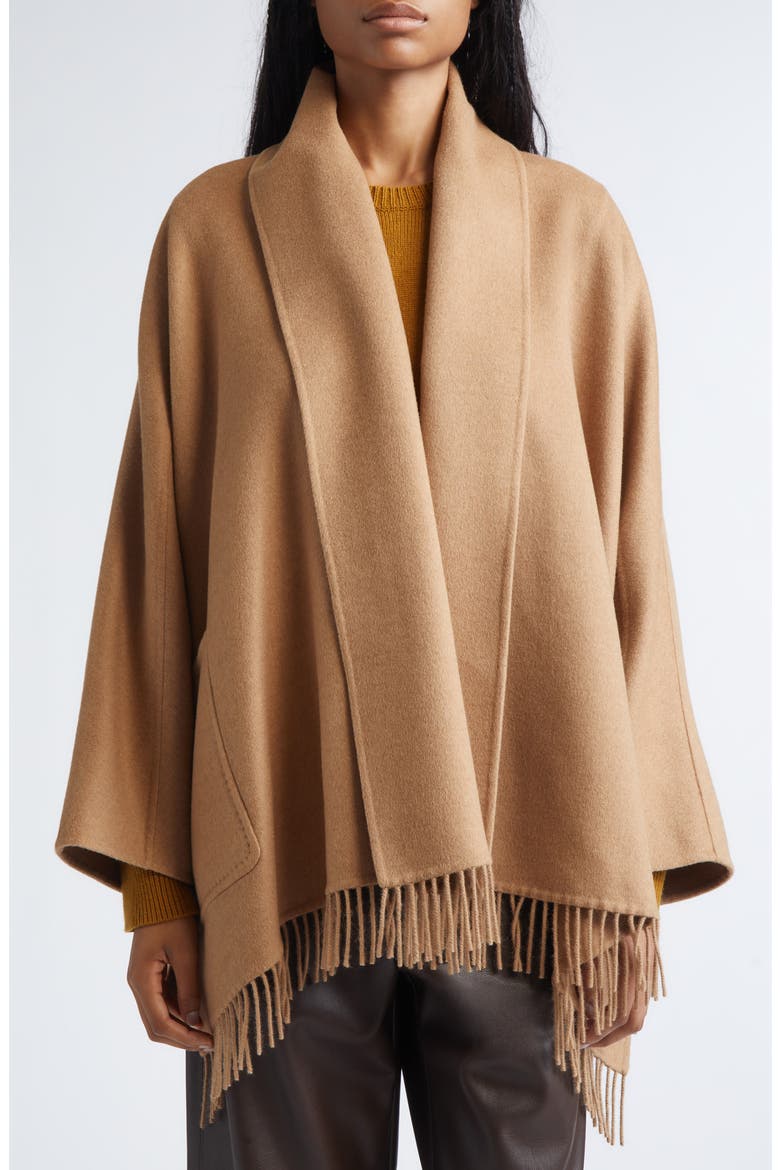 Abilita Fringed Camel Hair Belted Cape Jacket, Alternate, color, CAMEL