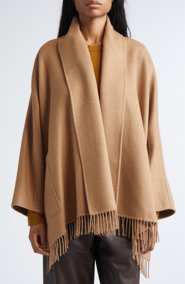 Max Mara Abilita Fringed Camel Hair Belted Cape Jacket, Alternate, color, Camel