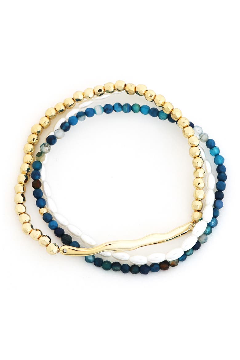 Set of 3 Faux Pearl & Stone Beaded Stretch Bracelets, Main, color, TEAL