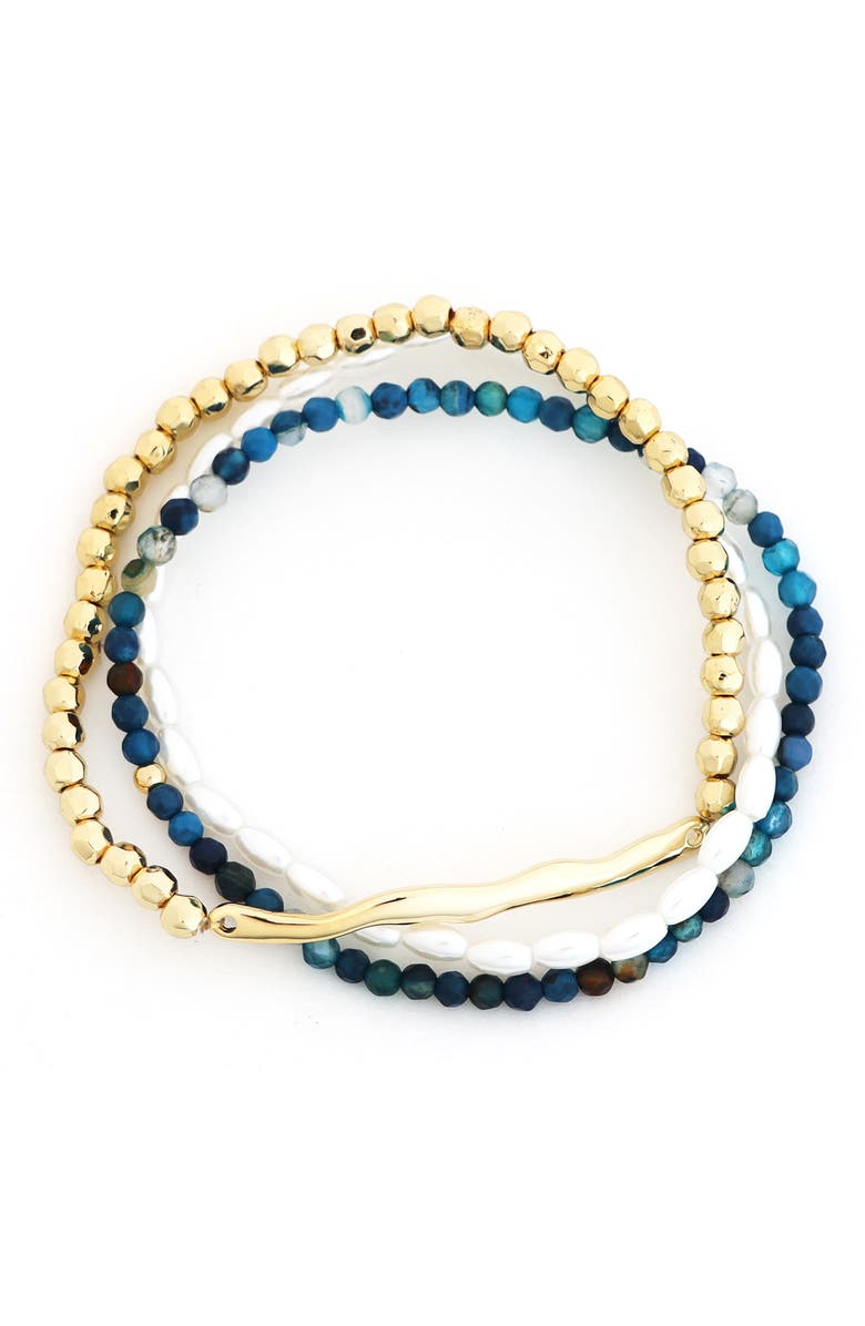 Panacea Set of 3 Faux Pearl & Stone Beaded Stretch Bracelets, Main, color, Teal