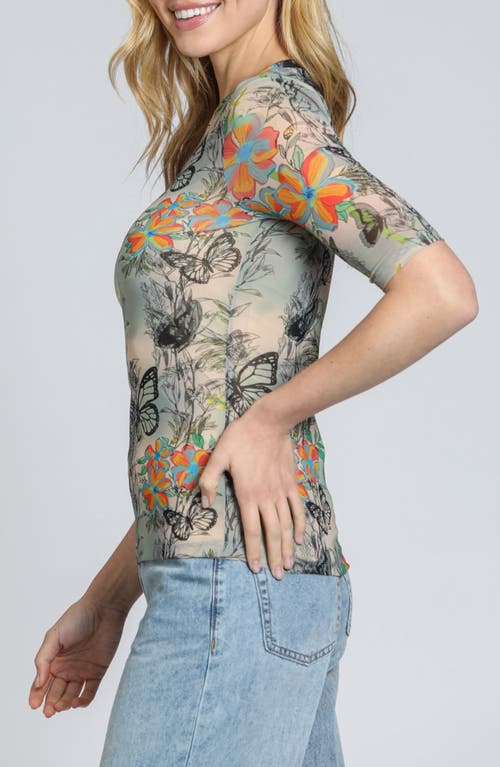 Apny Butterfly Print Mesh Top In Orange/yellow Multi