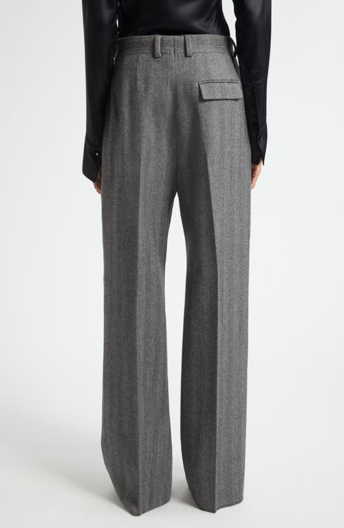 Ferragamo Herringbone Virgin Wool Blend Wide Leg Trousers In Gray