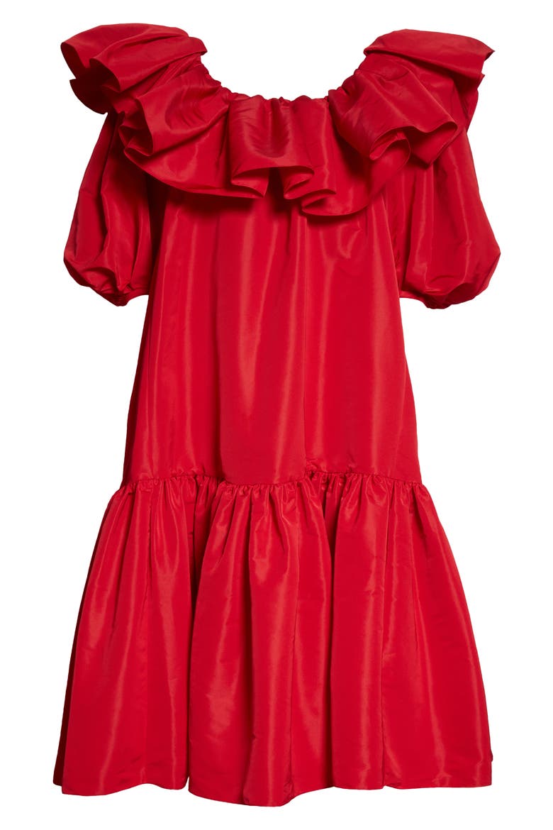 Alexander McQueen Ruffle Puff Sleeve Drop Waist Midi Dress, Alternate, color, WELSH RED