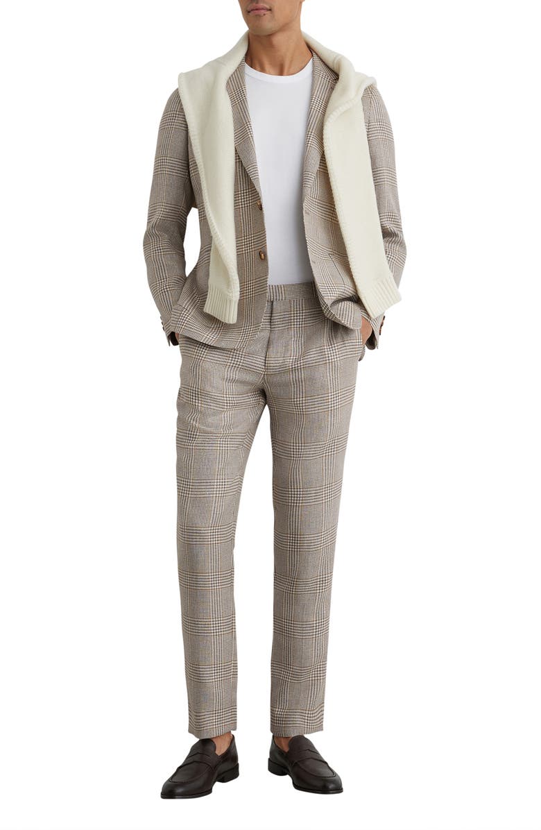 Reiss Epsom Tailored Fit Glen Check Linen & Wool Blend Suit Pants, Alternate, color, Oatmeal Brown