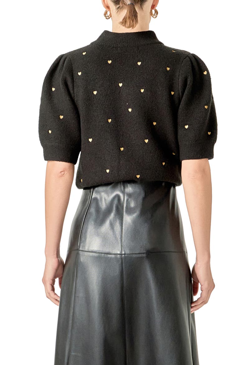 Heart Embroidered Puff Sleeve Sweater, Alternate, color, BLACK