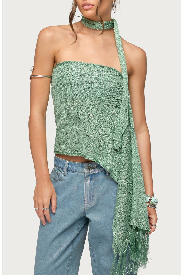 Two-Piece Sequin Scarf Top, Main, color, SAGE