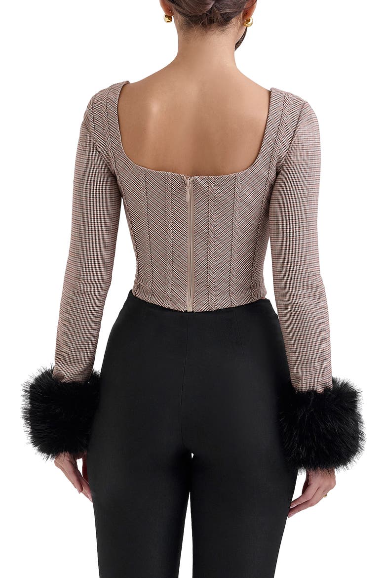 Antonia MIcrocheck Faux Fur Cuff Corset Top, Alternate, color, BROWN CHECK