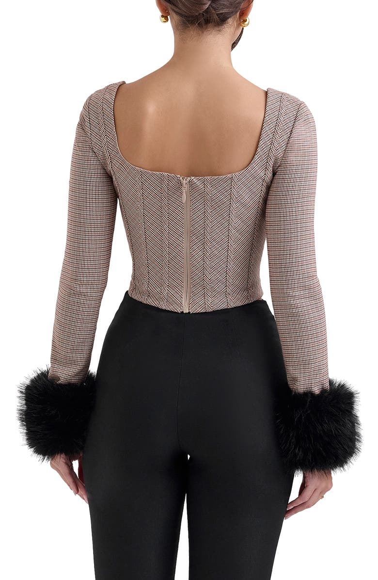 HOUSE OF CB Antonia MIcrocheck Faux Fur Cuff Corset Top, Alternate, color, Brown Check