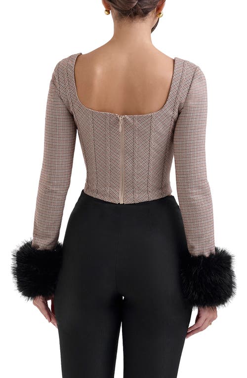 Shop House Of Cb Antonia Microcheck Faux Fur Cuff Corset Top In Brown Check