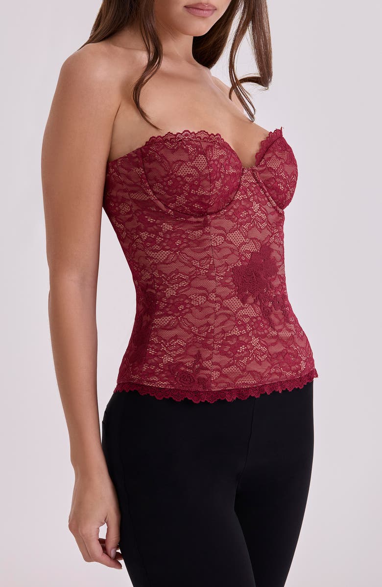 HOUSE OF CB Yara Strapless Lace Corset Top, Alternate, color, Wine