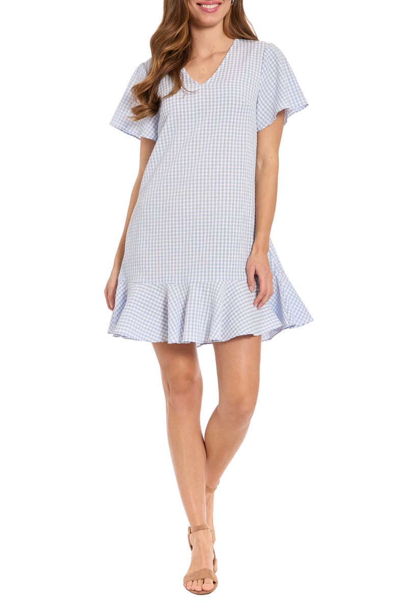 London Times Gingham Short Sleeve Ruffle Hem Shift Dress, Main, color, Light Blue/ White