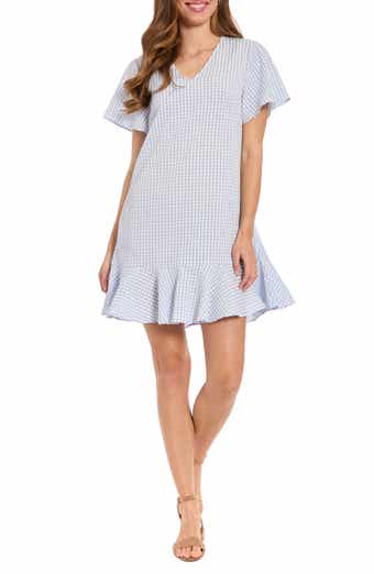 Gingham Short Sleeve Ruffle Hem Shift Dress