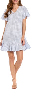 London Times Gingham Short Sleeve Ruffle Hem Shift Dress
