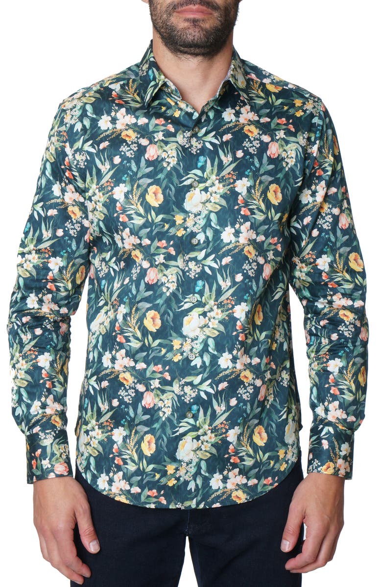 Robert Graham Floral Green Print Cotton Button-Up Shirt, Main, color, 