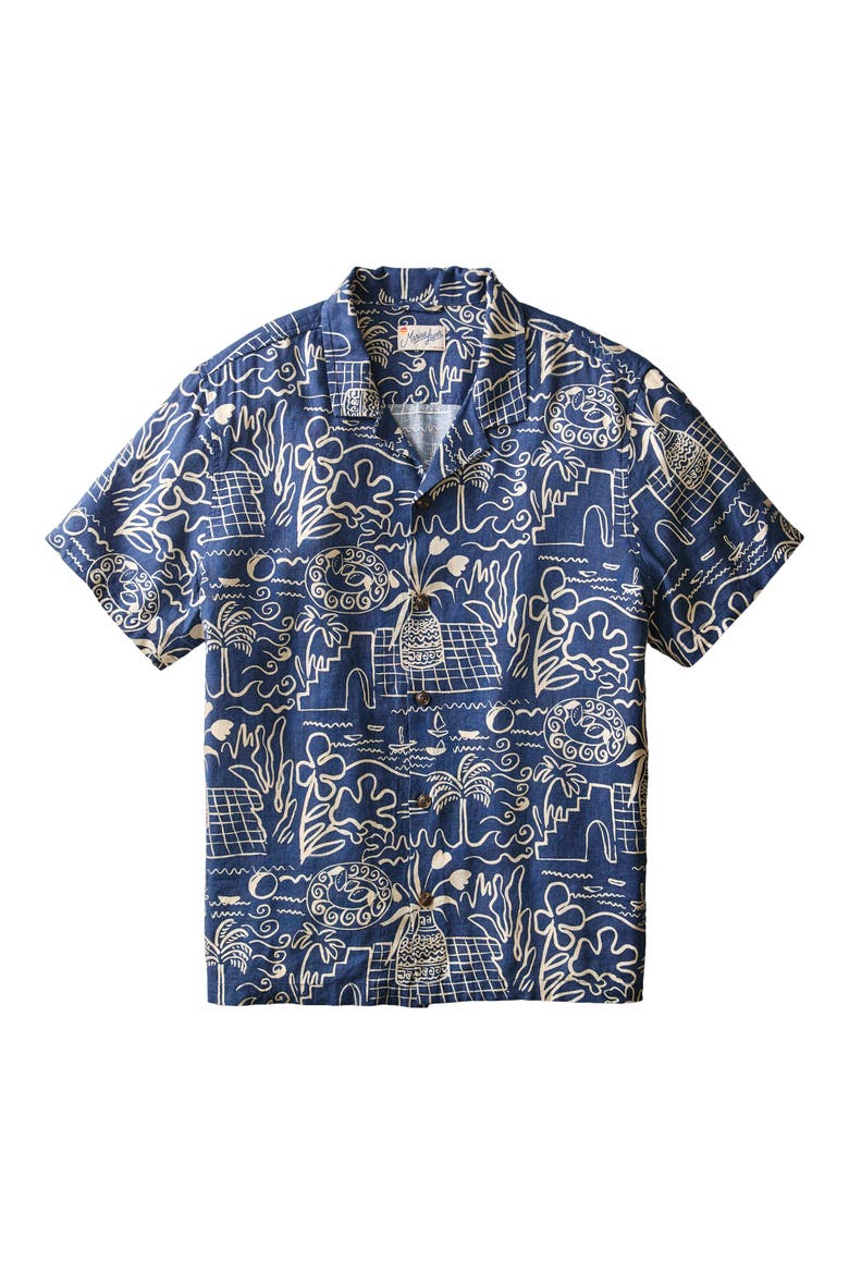 Island Motif Linen Blend Camp Shirt, Alternate, color, NAVY/ WHITE ISLAND MOTIF