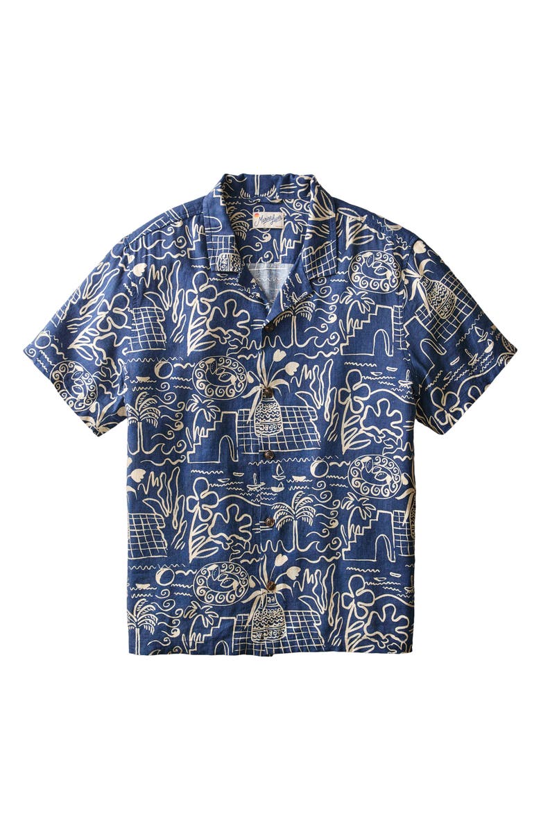 Marine Layer Island Motif Linen Blend Camp Shirt, Alternate, color, Navy/ White Island Motif