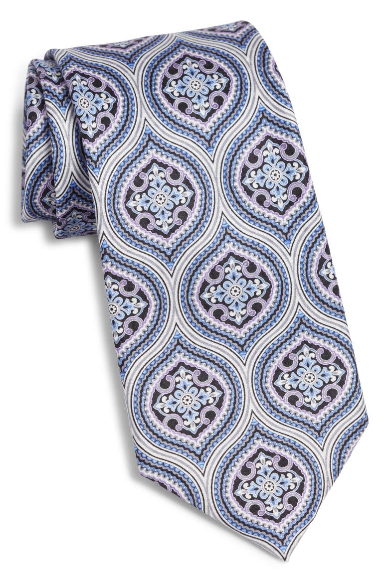 Moroccan Tile Print Silk Tie, Main, color, SILVER GREY/ BLUE