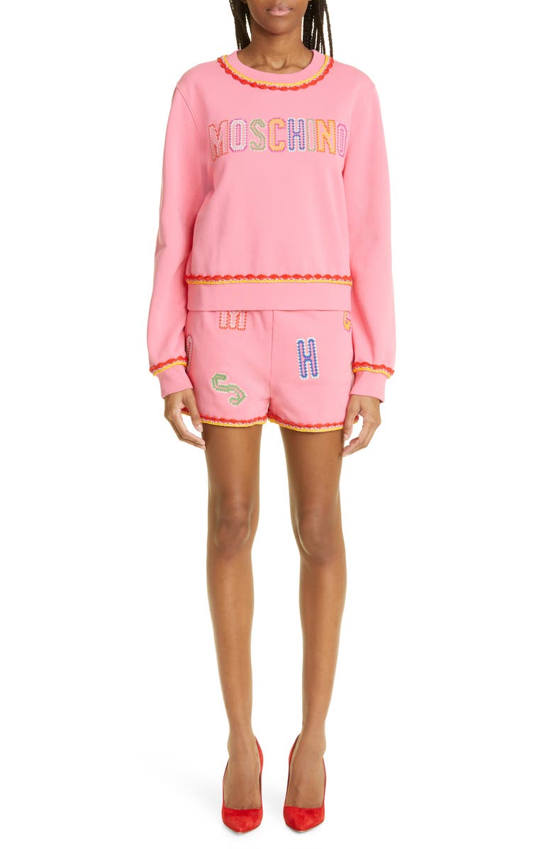 Moschino Crochet Logo Cotton French Terry Sweatshirt, Alternate, color, 