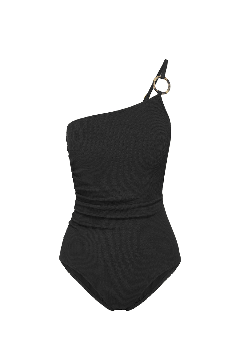 Kara One Shoulder Ring Trim One-Piece Swimsuit, Main, color, Black Texture
