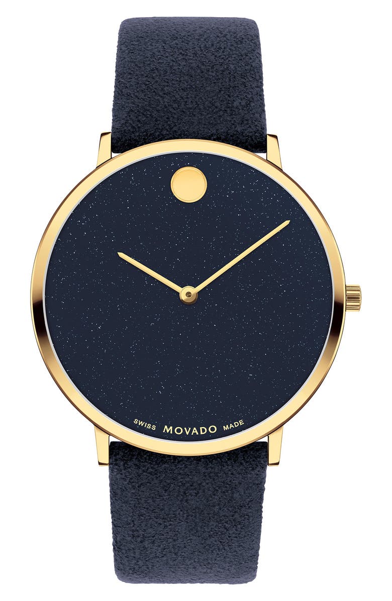 Movado Modern 47 Faux Leather Strap Watch, 40mm x 6.3mm, Main, color, Blue Dial