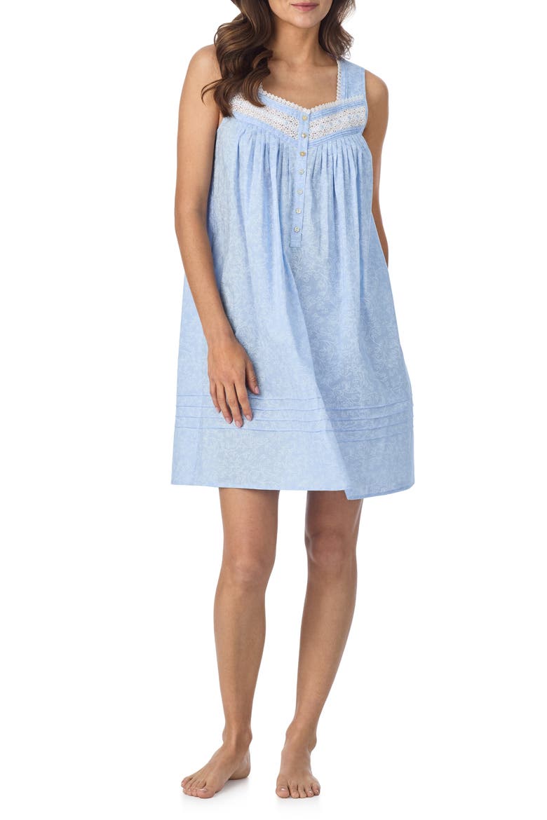 Sleeveless Short Cotton Lawn Nightgown, Alternate, color, BLUE/ WHITE
