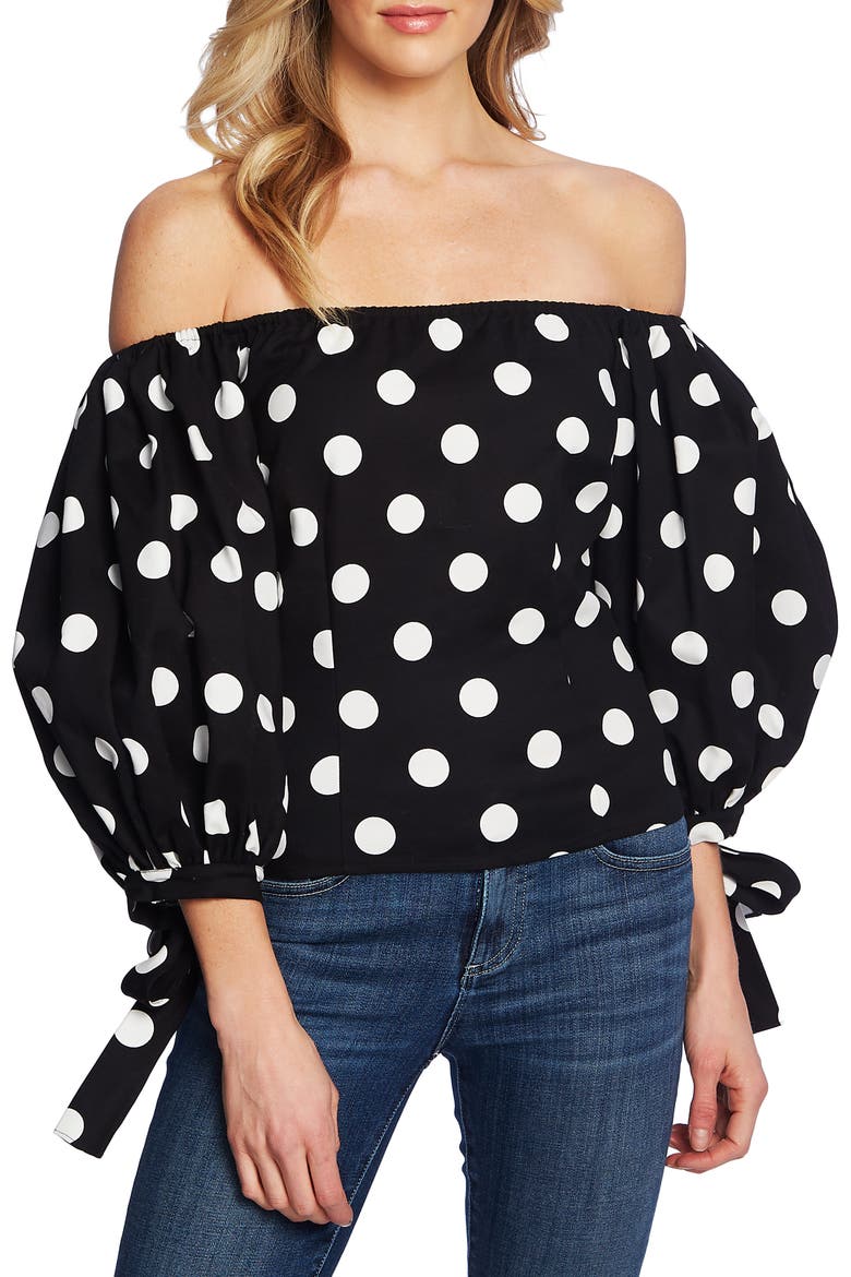 Dappled Dots Off the Shoulder Stretch Cotton Blouse, Main, color, RICH BLACK