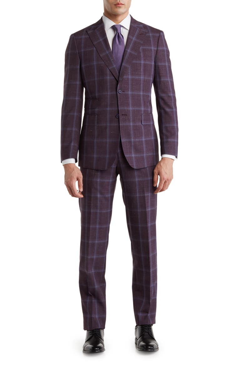 Trim Fit Check Wool Blend Suit, Main, color, PURPLE